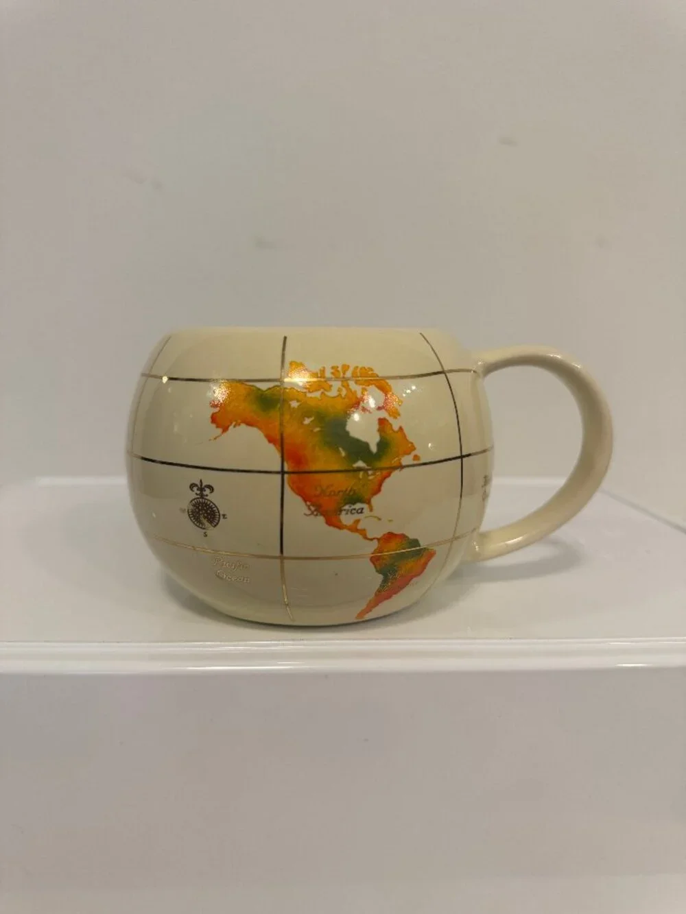 Vintage 1993 FTD World Map Globe Round Ceramic Coffee Mug Gold Trim